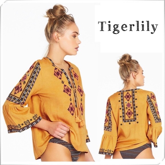 TIGERLILY Azar Persian Tapestries Embroidered Coverup Blouse Mustard Yellow Sz 2 - Picture 1 of 6